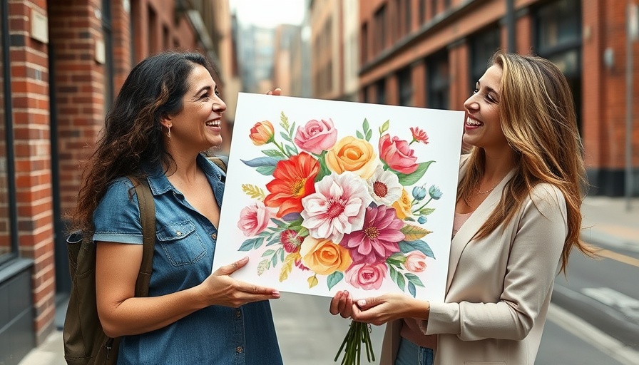 Two women holding floral keepsakes artwork outdoors.