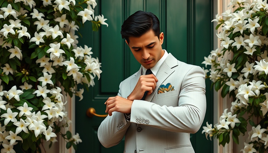 Elegant summer groomswear style idea with light suit and jasmine flowers.