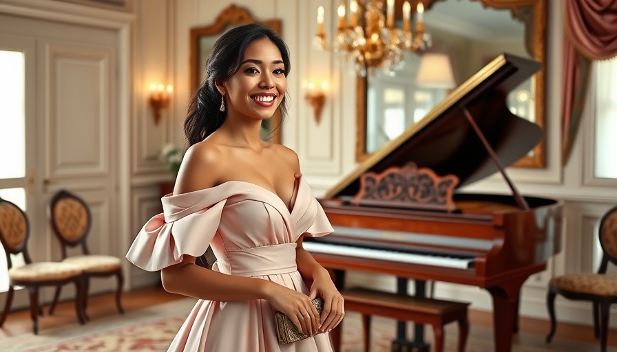 Elegant woman in pink gown smiling in luxurious wedding venue.