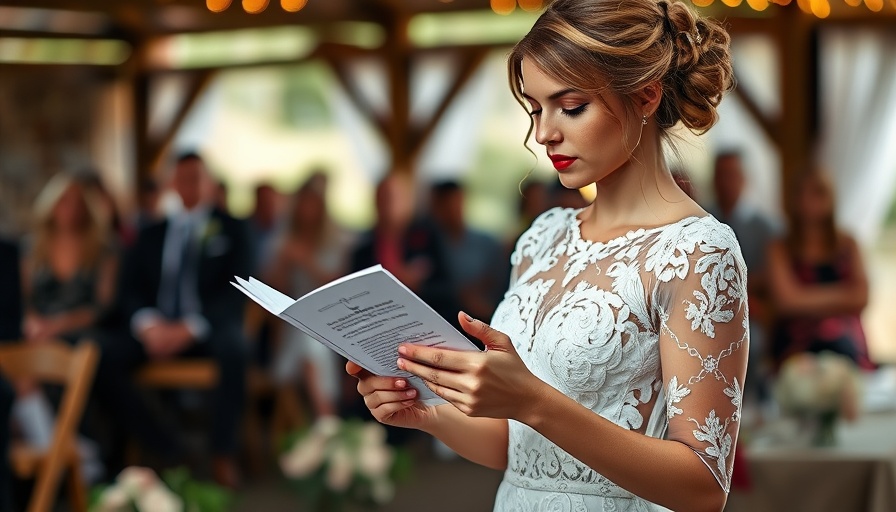 Bride reading wedding passages outdoors, rustic setting.