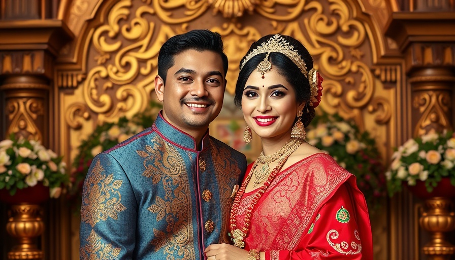 Elegant couple at a wedding venue with ornate decorations.