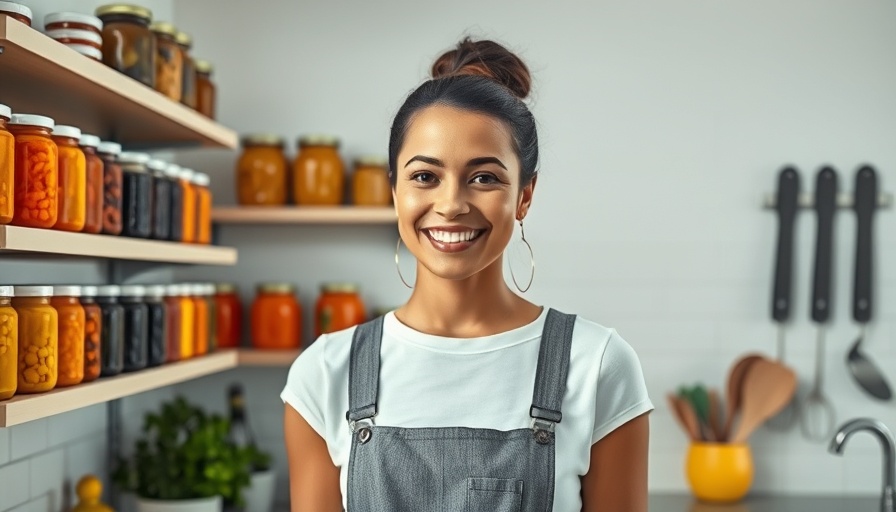 Woman in kitchen with preserved foods, promoting zero-waste wedding catering.
