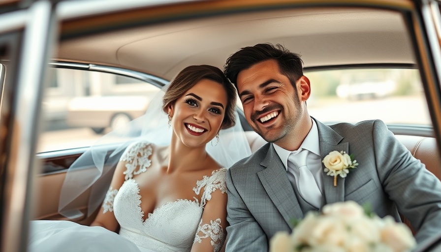 Elegant couple in vintage car, joyful on wedding day.