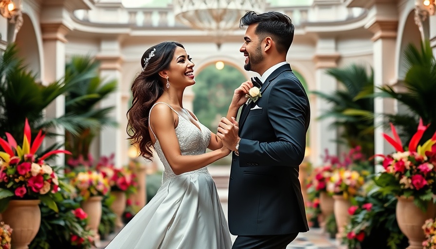 Joyful couple at unique wedding venue, smiling and dancing