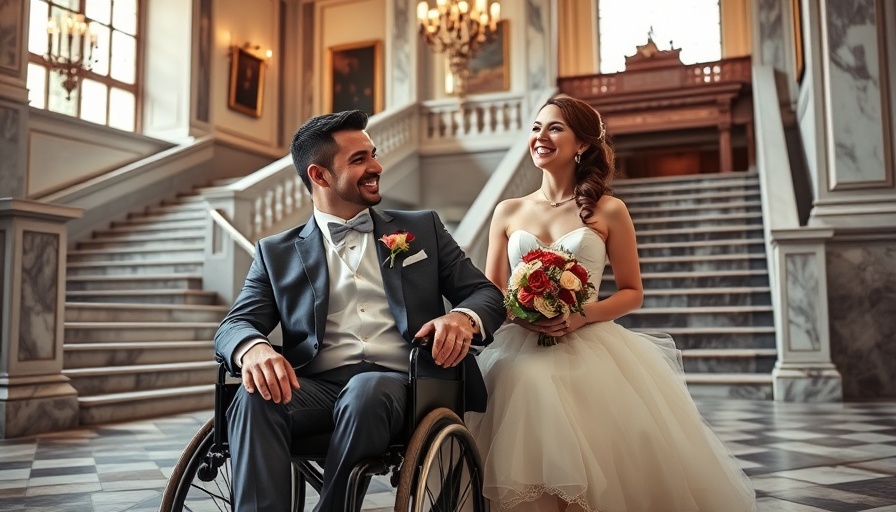 Bride and groom in wheelchair at an elegant venue ensuring wheelchair accessibility.