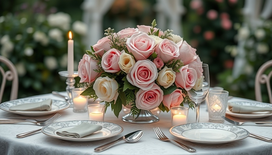 Elegant garden wedding table setting with floral centerpiece.