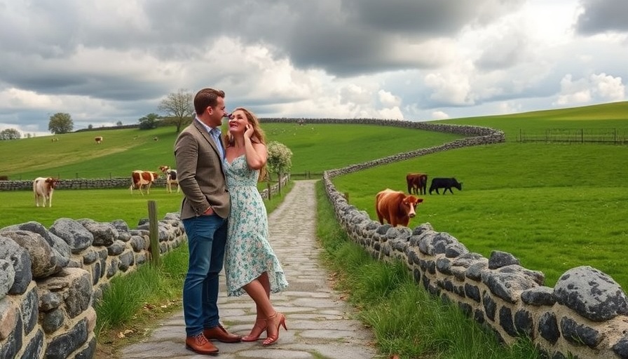 Wedding videography: Joyful couple on rustic stone path with fields.