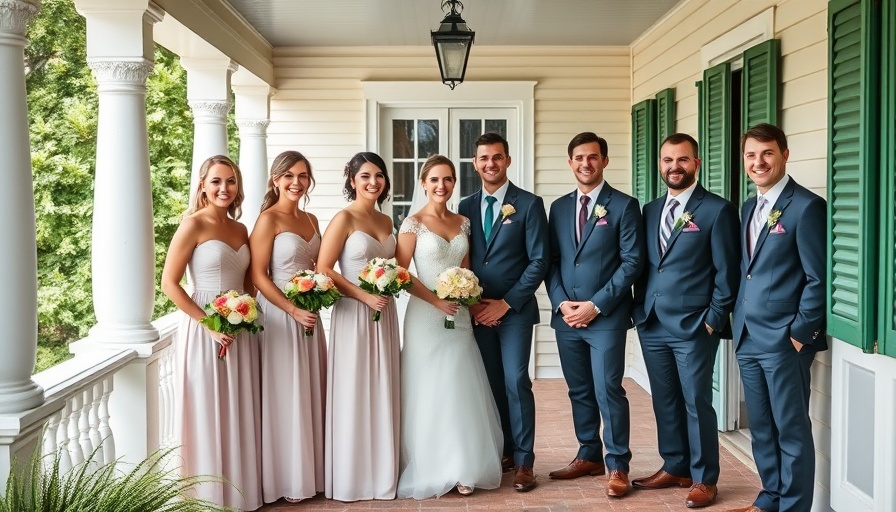 Bridal party posing at wedding venue veranda, wedding venues near me.