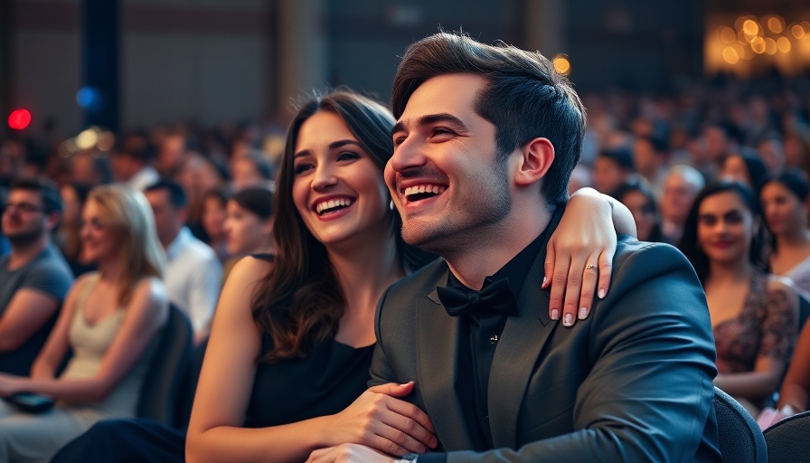 Cheerful couple seated at event with smiling embrace, evening mood.