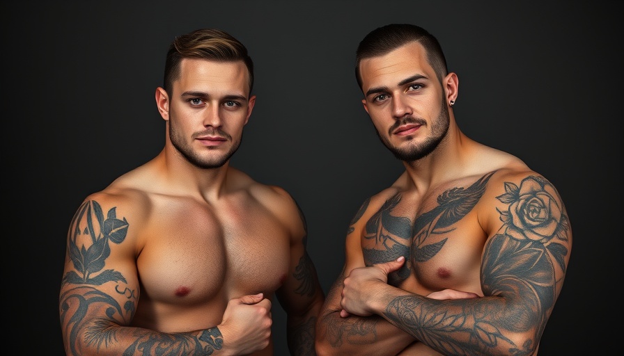 Two men with tattoos wearing black, posing indoors with soft lighting.