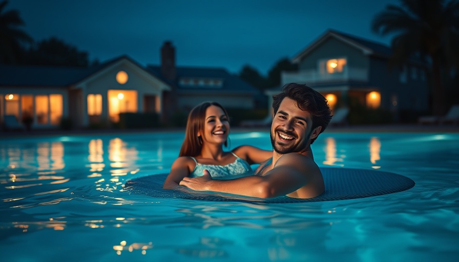 Young couple on pool lounger at night, summer drama vibes.