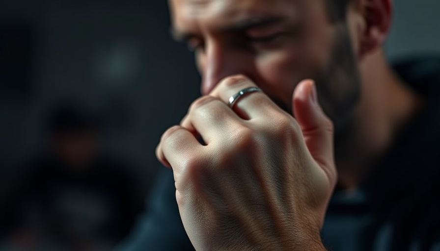 Contemplative man with a silver ring, dim light setting, men's rings focus.