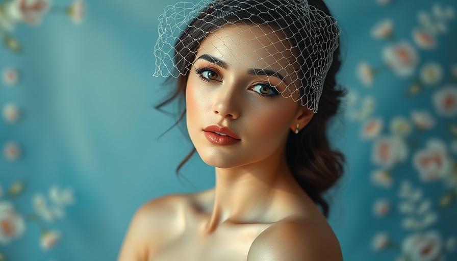Elegant woman wearing a birdcage veil with serene expression.