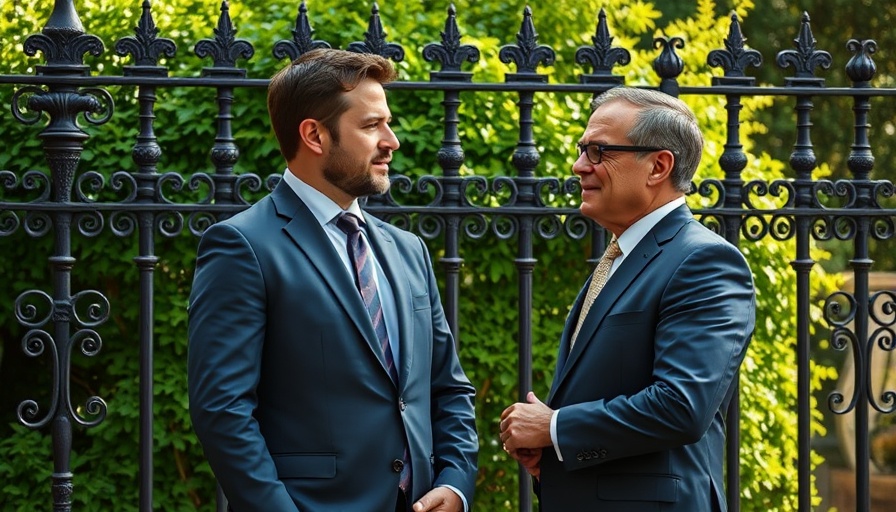 Two men in suits conversing near a fence, outdoors.