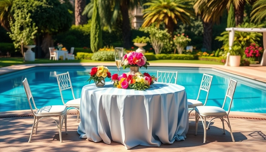 Outdoor wedding setup by a pool with striped tablecloth and flowers at a blueberry farm.