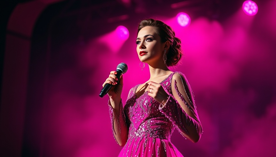 Taylor Swift in a sparkling gown on a misty stage, hinting wedding dress style.