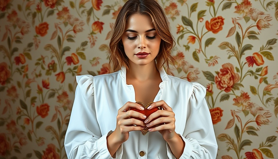 Woman in white outfit with heart accessory, floral background.