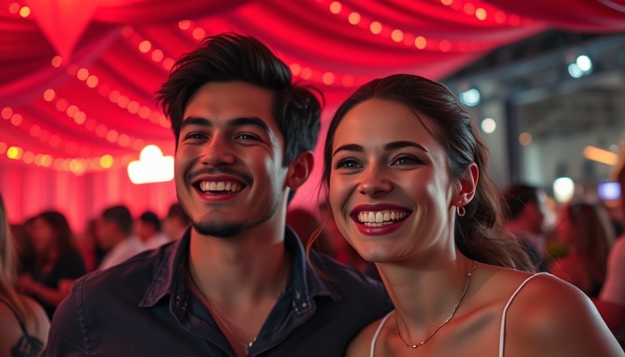Smiling couple at event with vibrant red-lit background.