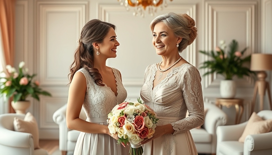 Bride and mother with blue bouquet symbolizing something blue wedding tradition.
