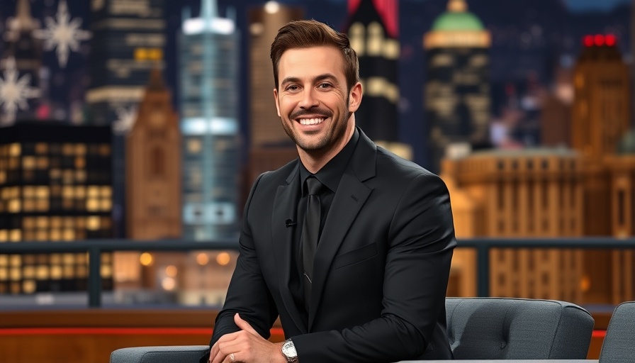 Smiling man in a suit on a TV show set with city skyline backdrop.