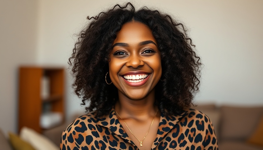 Joyful woman in leopard print, bright indoor setting.