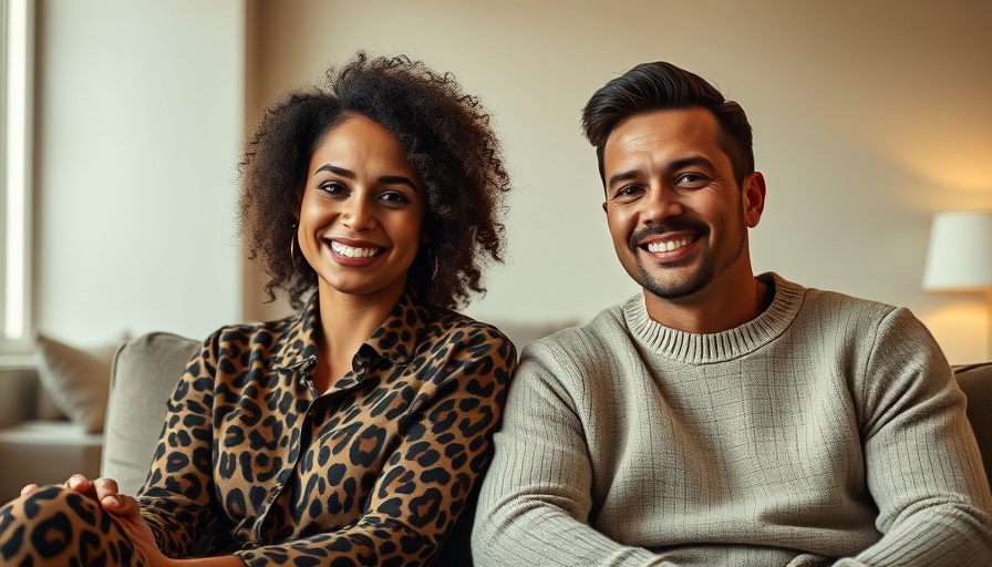 Smiling woman and man indoors, warm setting.