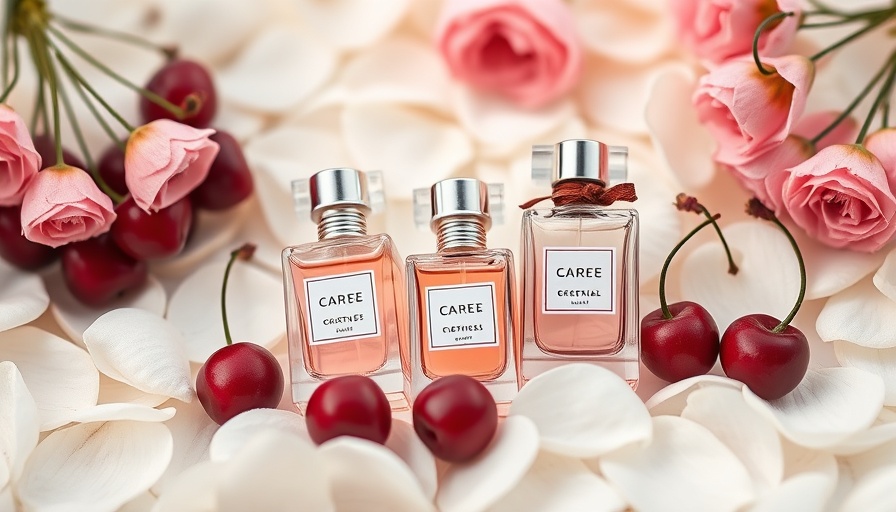 Cherry perfumes for weddings displayed on white floral background