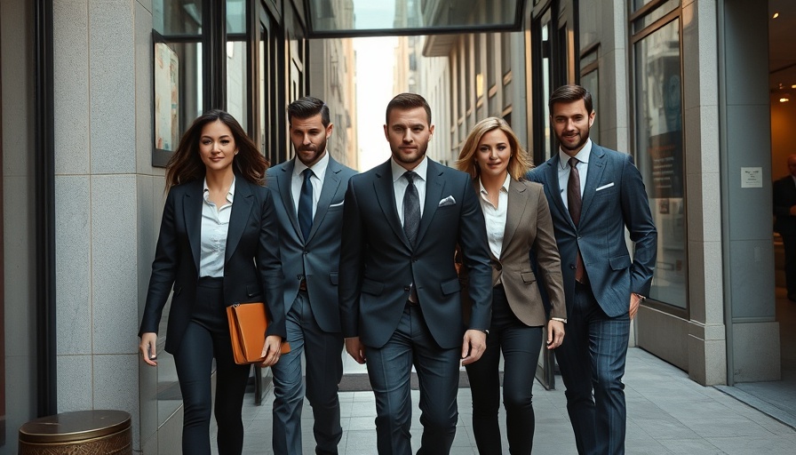 Well-dressed group exiting a building, city street setting