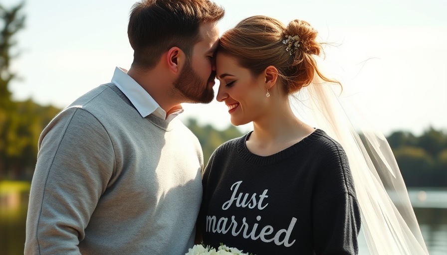 Couple at lakeside wedding venue, groom kissing bride's forehead.