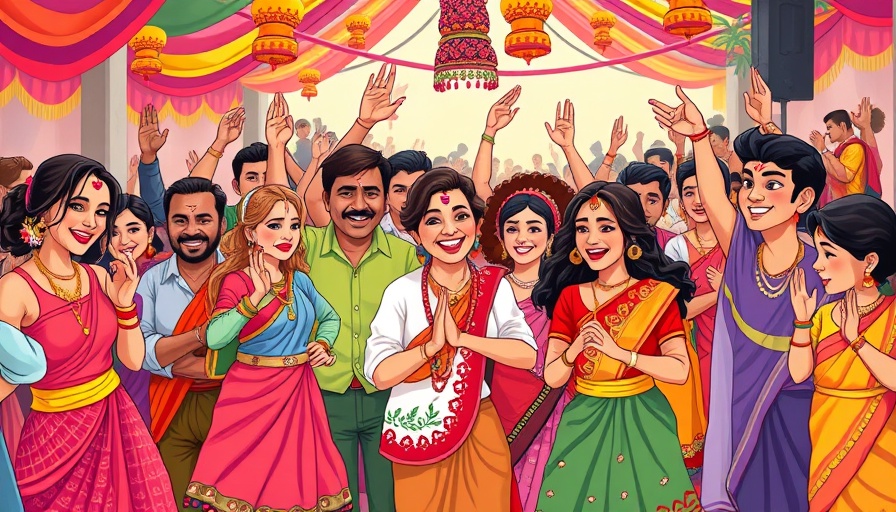 Cartoon of a vibrant cultural celebration with diverse people in colorful attire, highlighting unique wedding venues theme.