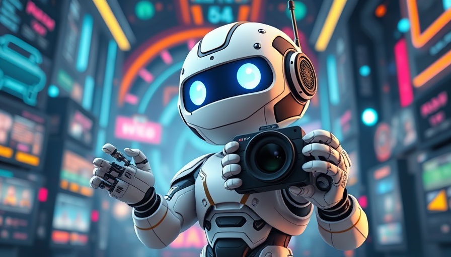 Futuristic AI cartoon robot with camera showcasing video creation 2025.