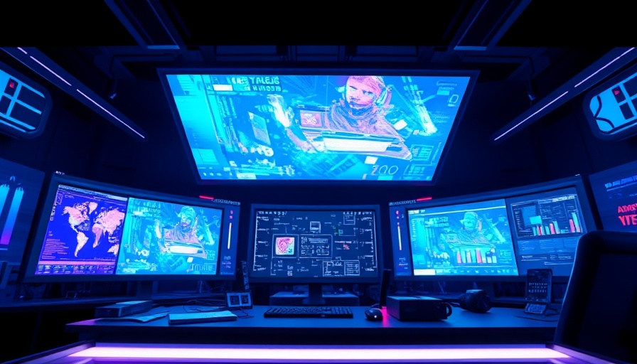 Futuristic AI video generation setup with neon screens.