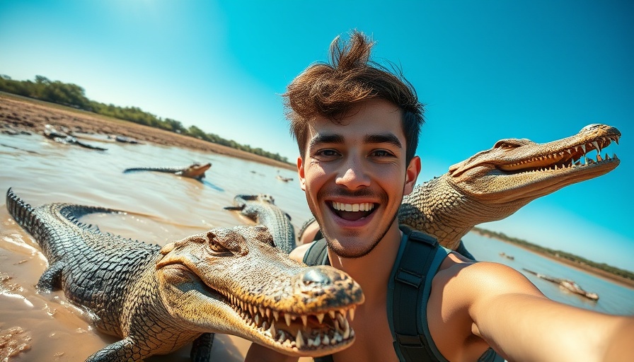 Adventurous man smiles with crocodiles in a river, showcasing Google Veo 3 AI video generation potential.