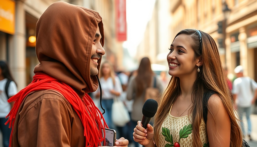 Young woman interviews spaghetti-costumed person on city street, laughter.