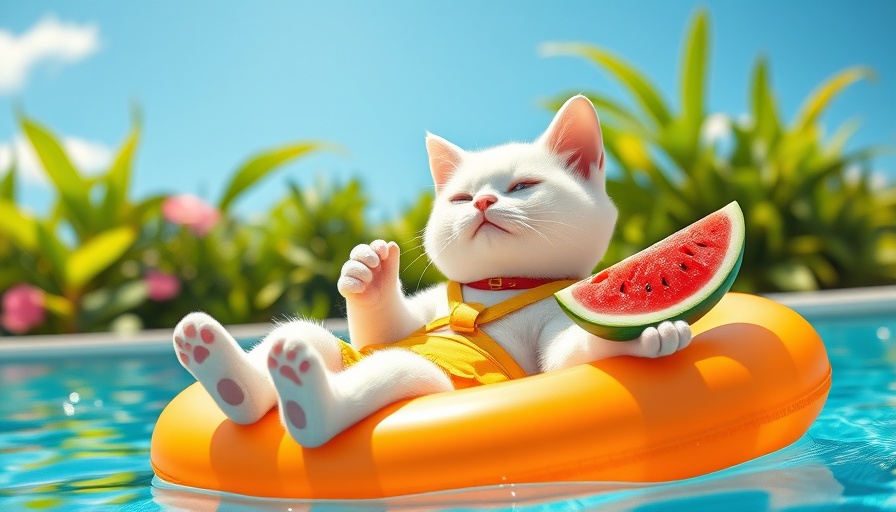 Adorable cat in yellow lounging on pool float, cartoon style.