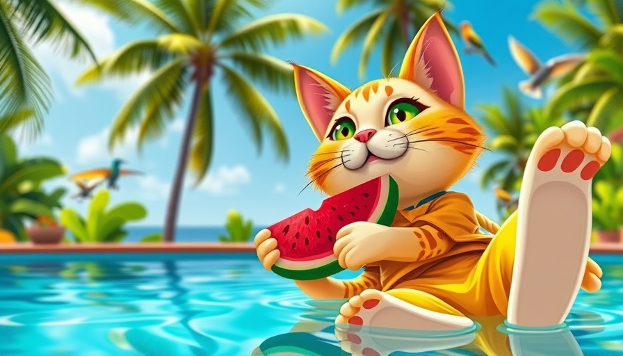 Adobe Lightroom Photo Editor 2025 interface with a whimsical cat in a pool scene.