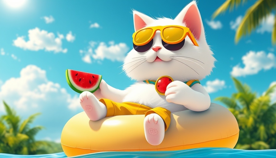 Whimsical cartoon image of a cat in sunglasses floating on a pool.