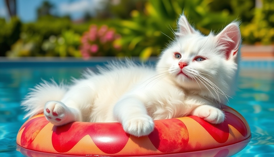 Belated birthday wishes with a playful cat in sunglasses on pool float.