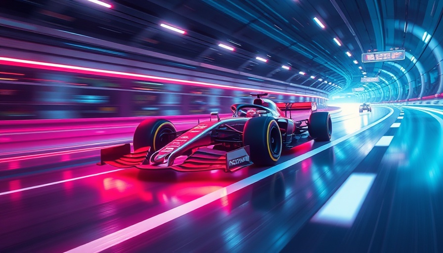 Futuristic race cars in a neon-lit high-tech digital environment showcasing AI video creation technology.