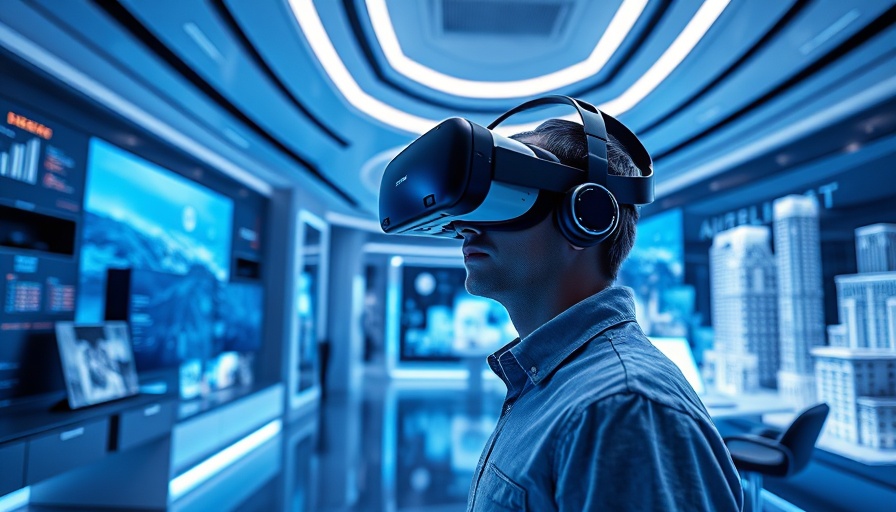 AI and VR in Real Estate Investing: person using VR to explore digital properties in a futuristic office.
