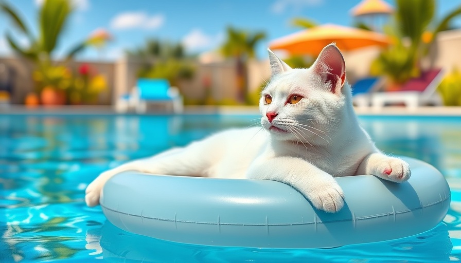 AI design apps: Cat in sunglasses relaxing on pool float.