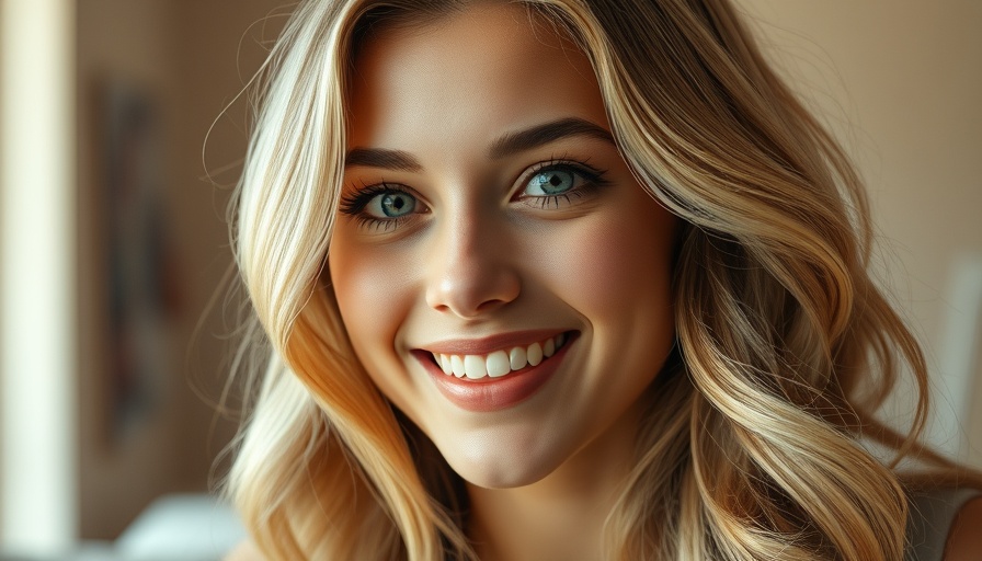 Young woman with blonde wavy hair, smiling indoors, portrait shot.