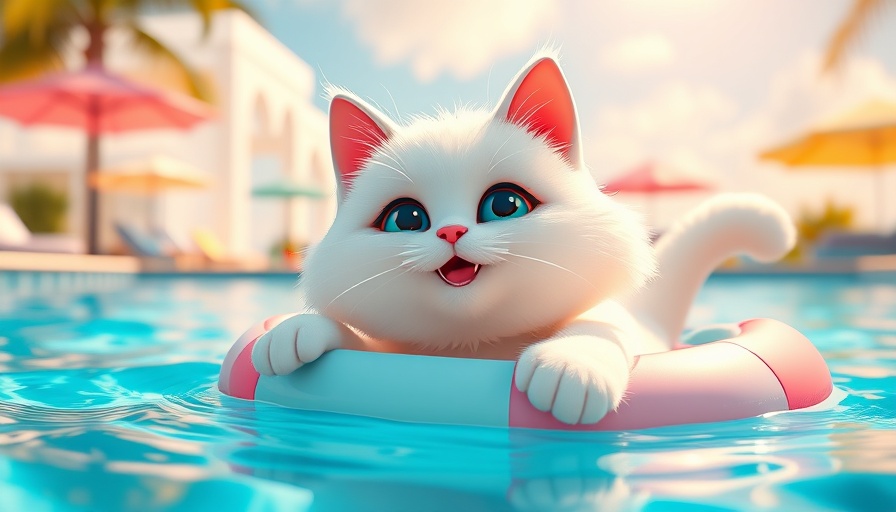 Cat lounging in pool, wearing yellow sunglasses and shorts.