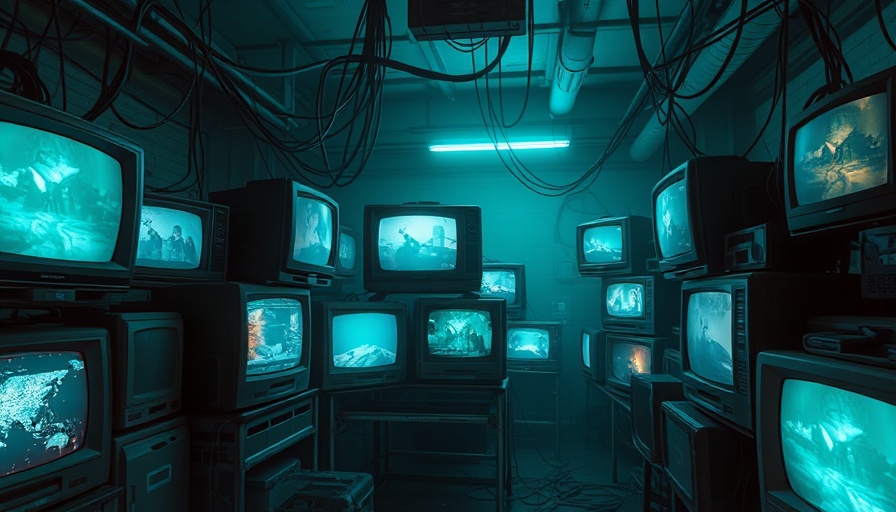 Dystopian room with vintage TVs showcasing diverse scenes, AI video creation tools.