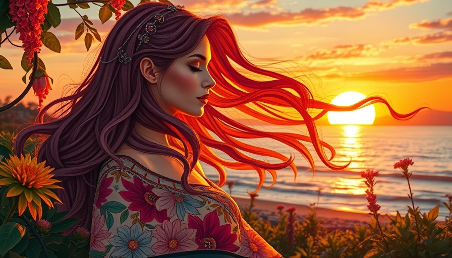 Art Nouveau illustration of storytelling in AI videos with sunset scenery.