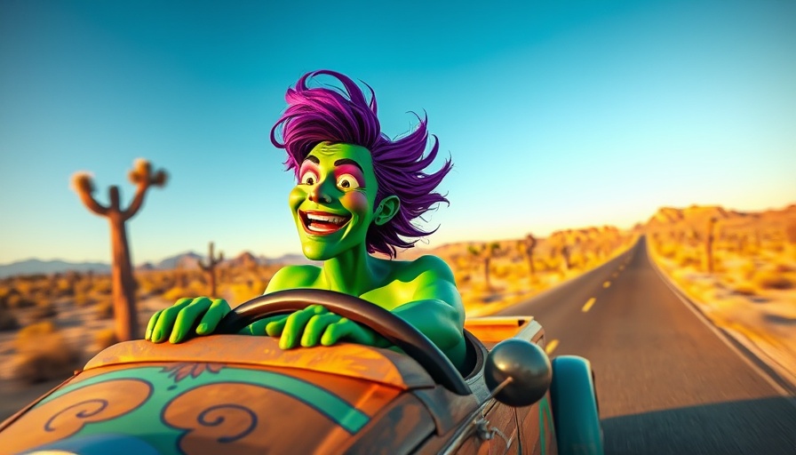 Generative AI creativity: Purple-haired character in classic car on desert highway.