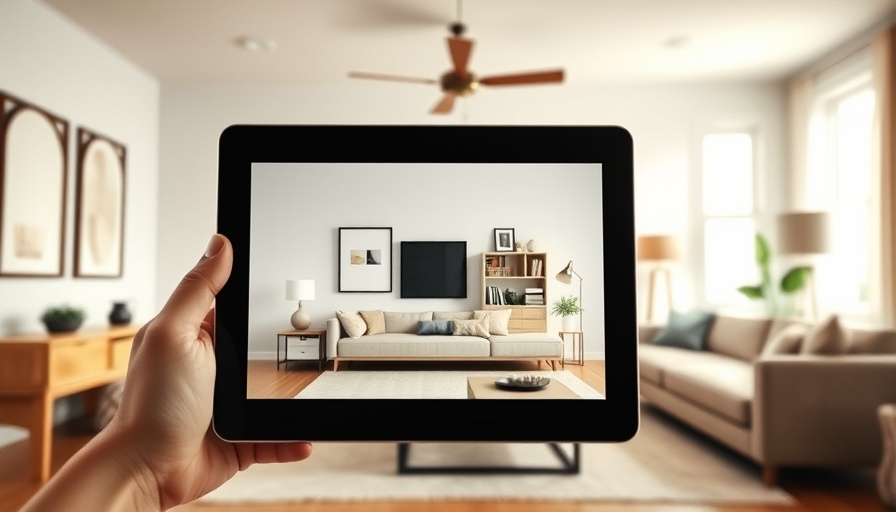 AI virtual staging transforming real estate interior on tablet.