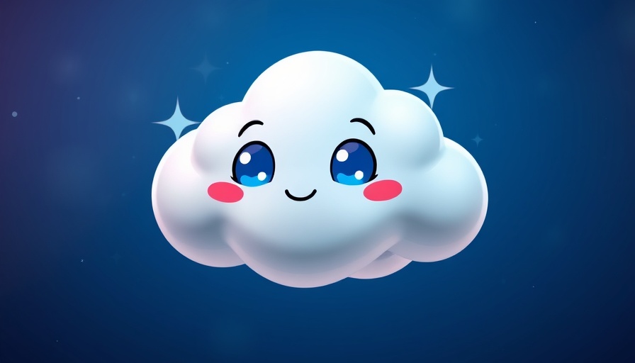 Charming cloud icon with sparkling eyes on blue background, AI video engagement.