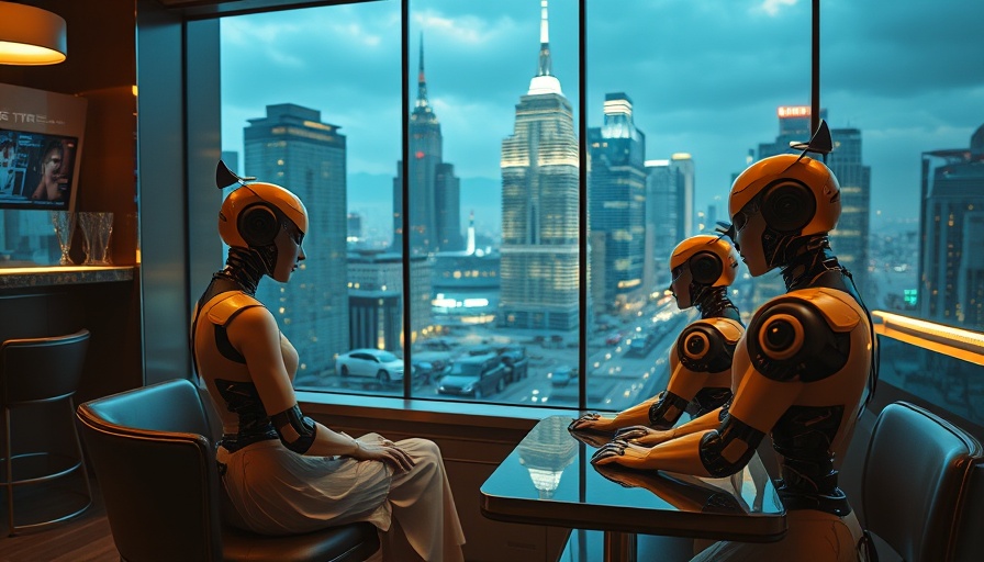 Futuristic diner with woman and robots showcasing AI-driven visual storytelling.