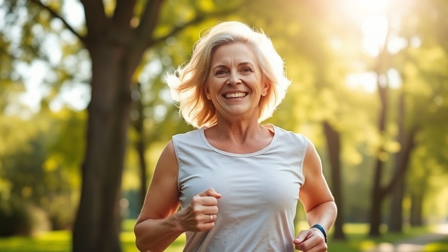 Middle-aged woman jogging in a park, showcasing creatine benefits for muscle mass preservation.